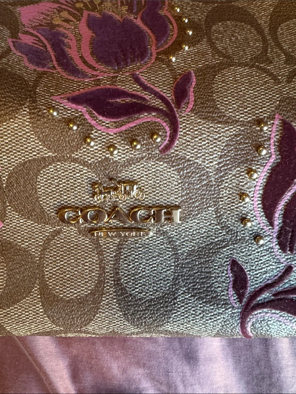 Coach Brown Signature Tote with Pink Floral Print and Gold Hardware